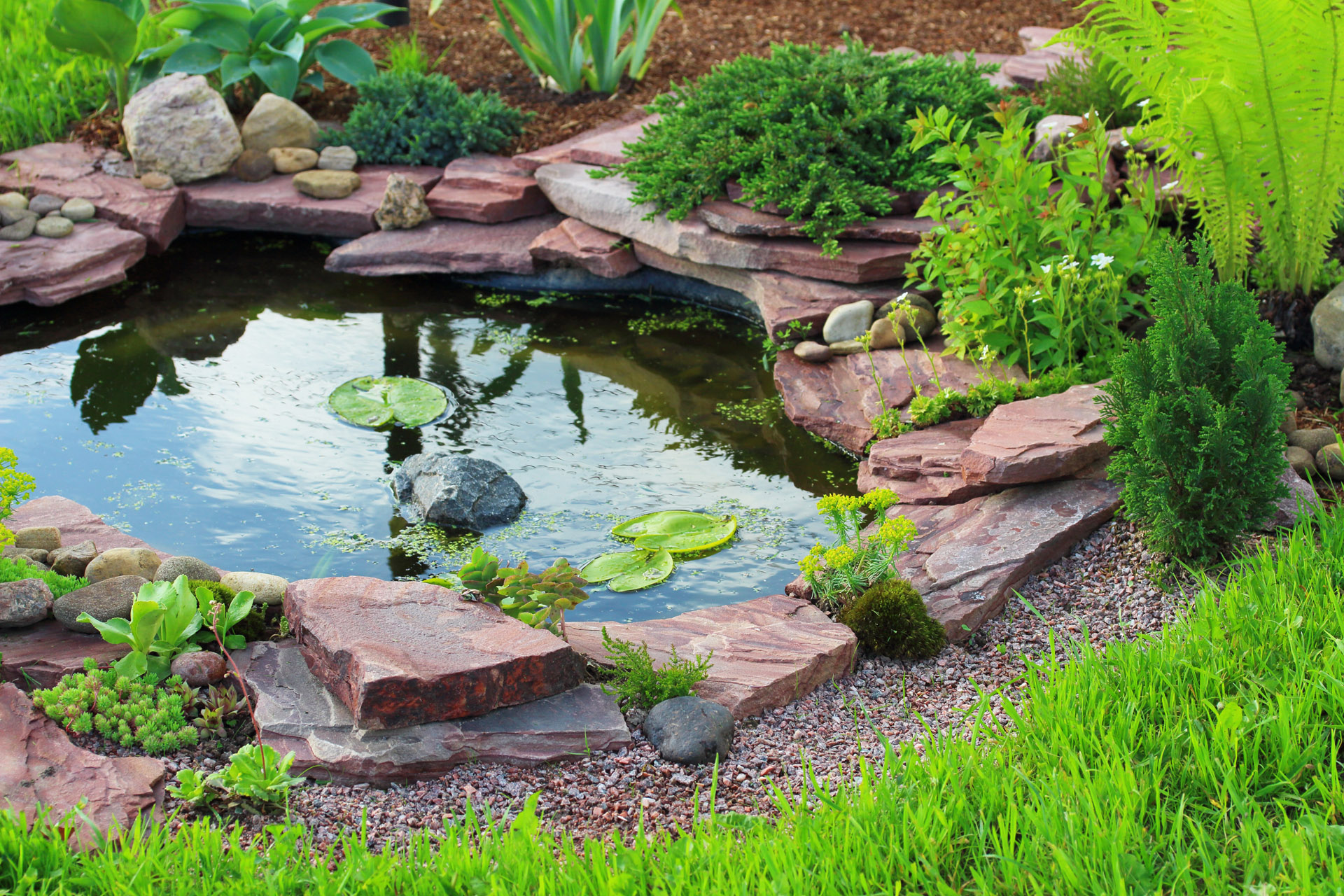 Teich umrandet von Steinen im Garten